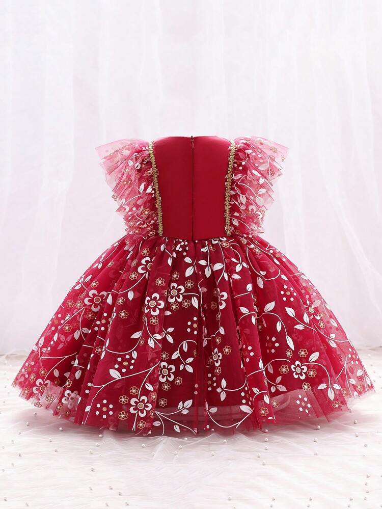 Young Girl Floral Embroidery Mesh Overlay Ruffle Trim Gown Dress
