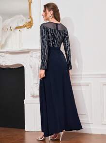 Modelyn Contrast Mesh Sequin Detail Dress - Navy Blue - View 2