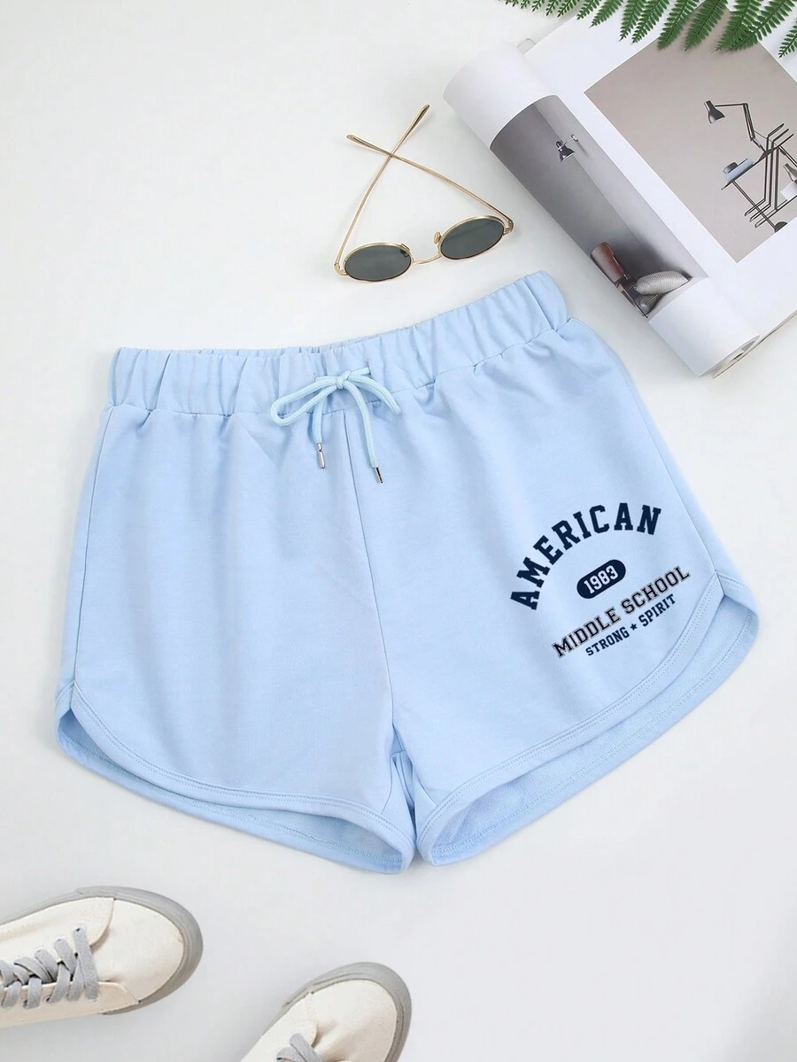 SHEIN EZwear Quần đùi nữ Dây kéo Lá thư Giải trí - Màu xanh nhạt - Xem 1