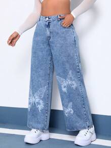 SHEIN EZwear Plus Butterfly Print Wide Leg Jeans - Light Wash - View 4
