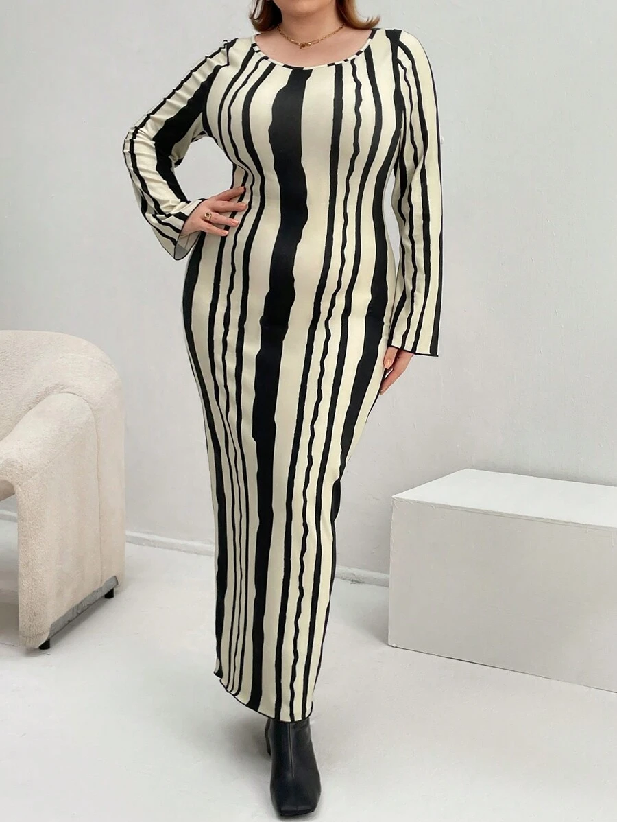 SHEIN Essnce Plus Striped Print Bodycon Dress - Black - View 1