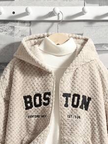 SHEIN 男大童字母刺繡落肩袖連帽夾克無衛衣 - 卡其色 - 查看 6