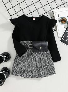 女嬰荷葉邊T恤和滿版印花腰帶半身裙 - 黑色 - 查看 1