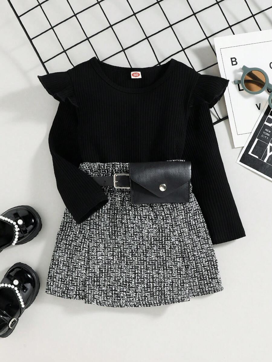 女嬰荷葉邊T恤和滿版印花腰帶半身裙 - 黑色 - 查看 1