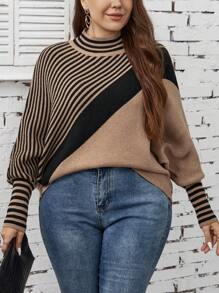 SHEIN LUNE Plus Striped Pattern Batwing Sleeve Sweater, For Winter - Multicolor - View 3