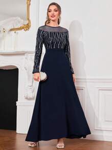 Modelyn Contrast Mesh Sequin Detail Dress - Navy Blue - View 1