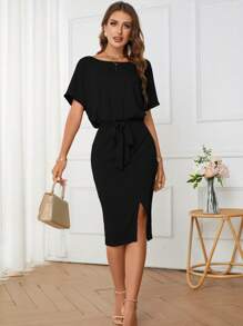 SHEIN Clasi 素色蝙蝠袖高衩繫腰帶洋裝