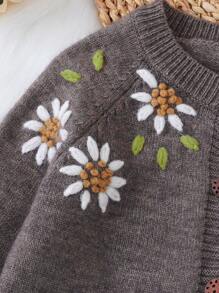 SHEIN Cô Gái Trẻ Thêu hoa Tay Raglan Áo len Mở - màu nâu - Xem 7