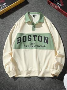 Manfinity Campus Court 男士休闲宽松运动衫，字母图案撞色领，波士顿四分之一纽扣，外出学院风长袖拼色学院风运动衫，适合送给朋友、丈夫、男朋友的礼物，适合秋季 - 彩色 - 查看 1