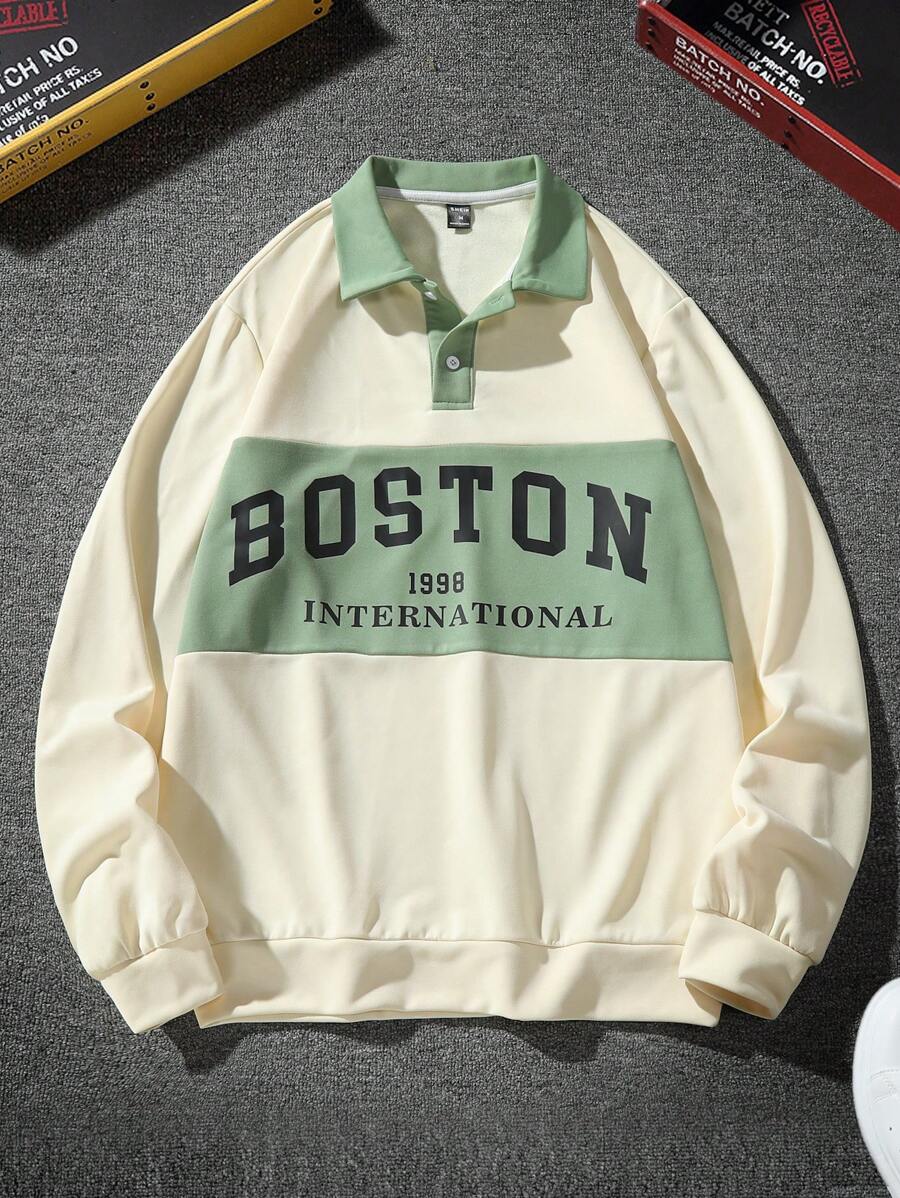 Manfinity Campus Court 男士休闲宽松运动衫，字母图案撞色领，波士顿四分之一纽扣，外出学院风长袖拼色学院风运动衫，适合送给朋友、丈夫、男朋友的礼物，适合秋季 - 彩色 - 查看 1