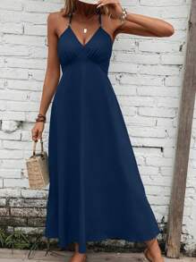 Breezaya Đầm Maxi Cổ Chữ V Halter Hở Lưng Buộc Dây Chắc Chắn Trang Phục Đi Biển Cho Nữ - Màu xanh hải quân - Xem 6