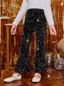 SHEIN 女大童下擺開叉亮片喇叭褲 - 黑色 - 查看 4