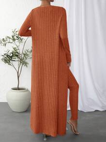 SHEIN Essnce Solid Crop Tank Top & Pants & Open Front Coat - Burnt Orange - View 2