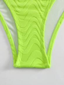 夏季沙灘純色細肩帶紋理無鋼圈霓虹比基尼套裝 - 綠色 - 查看 6