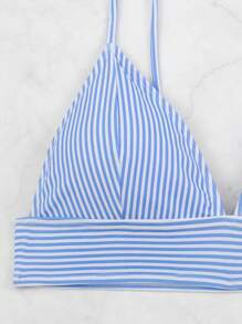 Swim Basics 夏季沙灘條紋高腰比基尼套裝 - 藍白色 - 查看 7
