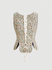 SHEIN MOD Ditsy Floral Print Lace Up Front Tank Top - Multicolor - View 4