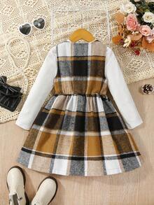 SHEIN Young Girl Plaid Print Dress & Tee - Khaki - View 2