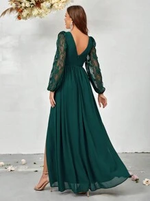 SHEIN Belle Contrast Lace Lantern Sleeve Split Thigh Chiffon Formal Dress - Green - View 2