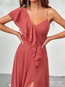 SHEIN Belle Asymmetrical Neck Ruffle Trim Split Thigh Chiffon Bridesmaid Dress - Hot Pink - View 5