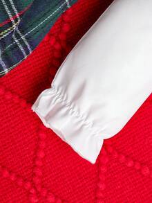 SHEIN 女嬰格子呢圖案荷葉邊喇叭袖前蝴蝶結洋裝＆ 頭巾