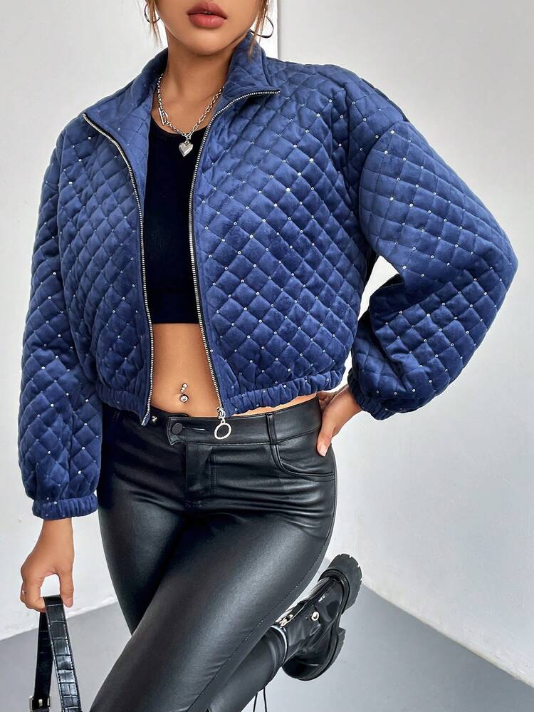 Drop Shoulder Zip Up Crop Quilted Padded Coat Clothes Winter Fall Cloth For Women