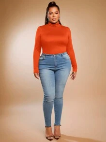 SHEIN SXY Plus Mock Neck Solid Tee - Orange - View 4