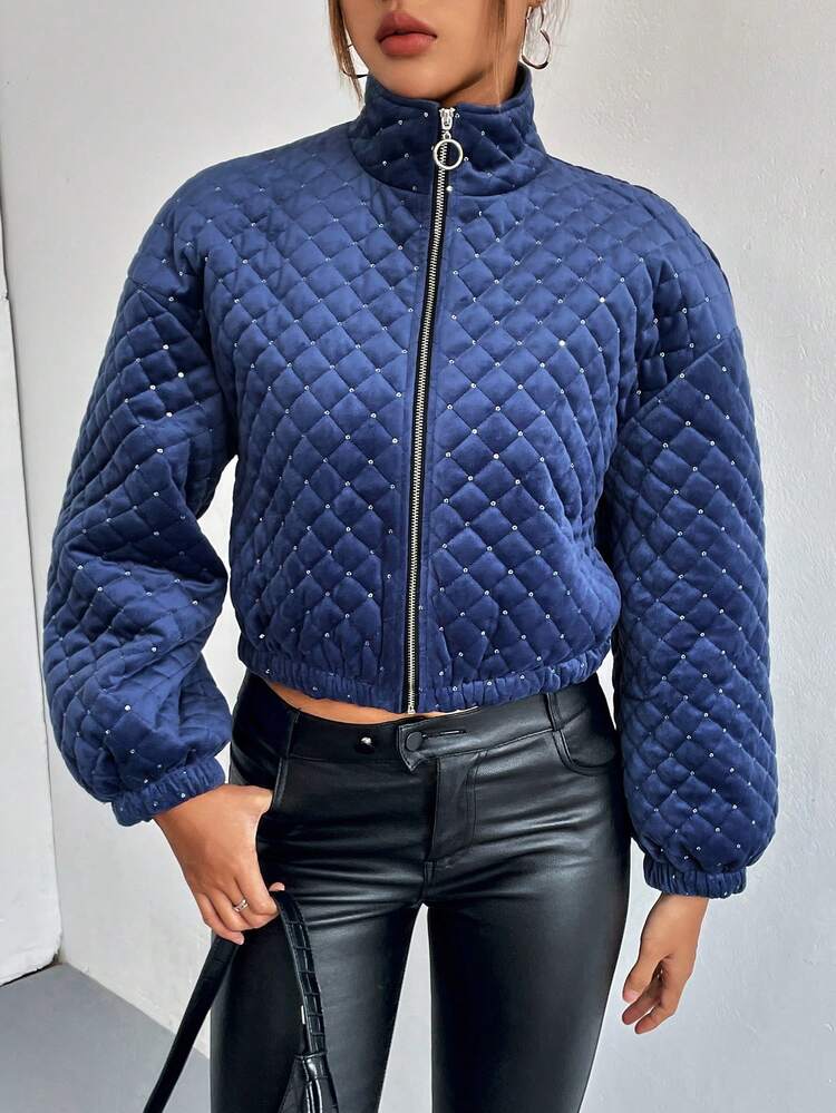 Drop Shoulder Zip Up Crop Quilted Padded Coat Clothes Winter Fall Cloth For Women