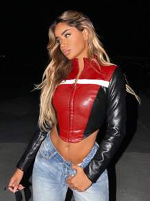 SHEIN ICON Colorblock Zip Up Crop PU Leather Bikercore Y2k Jacket,Ladies Spring/Fall Party Asymmetrical,Zipper Regular Sleeve Funnel Neck Regular Fit Multicolor Colorblock Women Jackets,Outdoor Activities - Multicolor - View 1