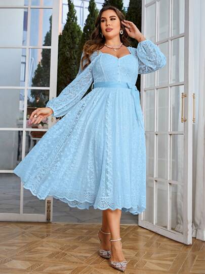 Simplee Plus Size Women Elegant Vintage Lace A-Line Dress, Long Sleeve Waist Cinched, Suitable For Wedding, Party, Birthday
