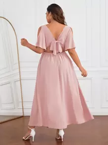 SHEIN Privé Plus Cold Shoulder Twist Front Cut Out Split Thigh Dress - Dusty Pink - View 2