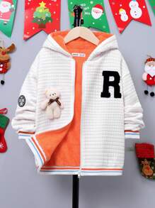 SHEIN 男大童字母貼布熊玩偶裝飾條紋飾邊連帽加絨內裏夾克 - 白色 - 查看 7