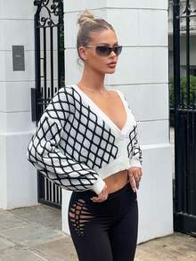 SHEIN ICON 菱形印花落肩袖短款開衫 - 黑與白 - 查看 8