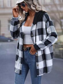 SHEIN Privé Buffalo Plaid Print Drop Shoulder Drawstring Hooded Flannel Coat - Multicolor - View 5