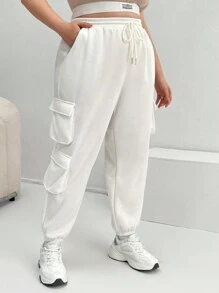 SHEIN Essnce 加蓋袋側抽繩腰運動褲 - 白色 - 查看 5