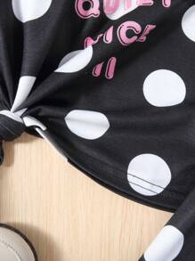 SHEIN 幼兒女童針織彩點及字母印花圓領上衣和寬腳褲家居套裝 - 黑與白 - 查看 6