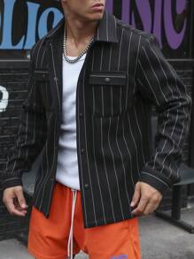 Manfinity Homme Men Striped Print Flap Pocket Overcoat - Black - View 4