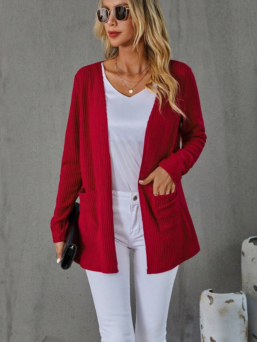 SHEIN LUNE 雙口袋開門襟外套 - 紅色 - 查看 1