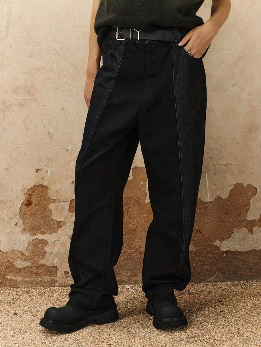 男士斜口袋直筒牛仔褲不附腰帶