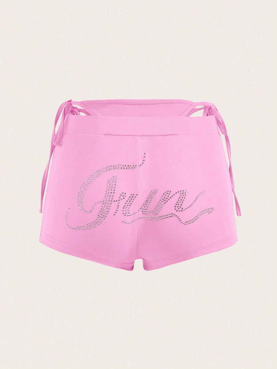 SHEIN ICON Pha lê Mẫu chữ Cắt ra Nút ven Quần short - Màu Hồng baby - Xem 1