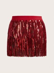 SHEIN ICON Sequin Fringe Trim Skirt - Red - View 2
