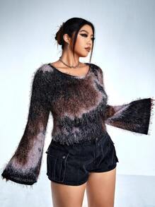 SHEIN ICON 大碼毛茸茸紮染荷葉袖T恤 - 彩色 - 查看 5