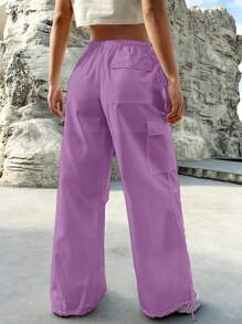SHEIN EZwear Túi nắp bên cạnh Eo dây rút Quần Cargo - Màu tím - Xem 2