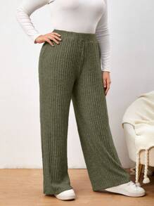 SHEIN Essnce Plus High Waist Ribbed Knit Pants - Army Green - View 5