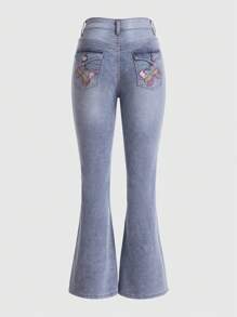 ROMWE Kawaii Butterfly Embroidery Flare Leg Jeans - Light Wash - View 1
