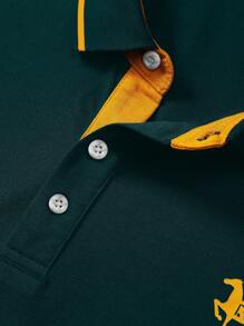 Manfinity Homme Men Letter Figure Graphic Contrast Trim Polo Shirt & Shorts - Dark Green - View 4