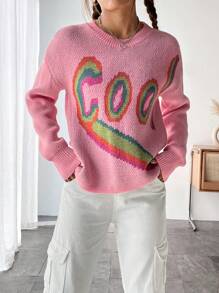 Flirla Suéter de punto con caída de hombros y estampado de letras para otoño e invierno - Rosa - Ver 4