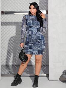 SHEIN EZwear 大碼色塊拼接圖案小高領緊身洋裝 - 彩色 - 查看 4
