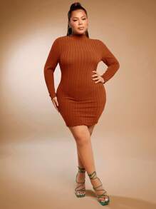 SHEIN SXY Plus Mock Neck Lettuce Trim Bodycon Dress - Rust Brown - View 4