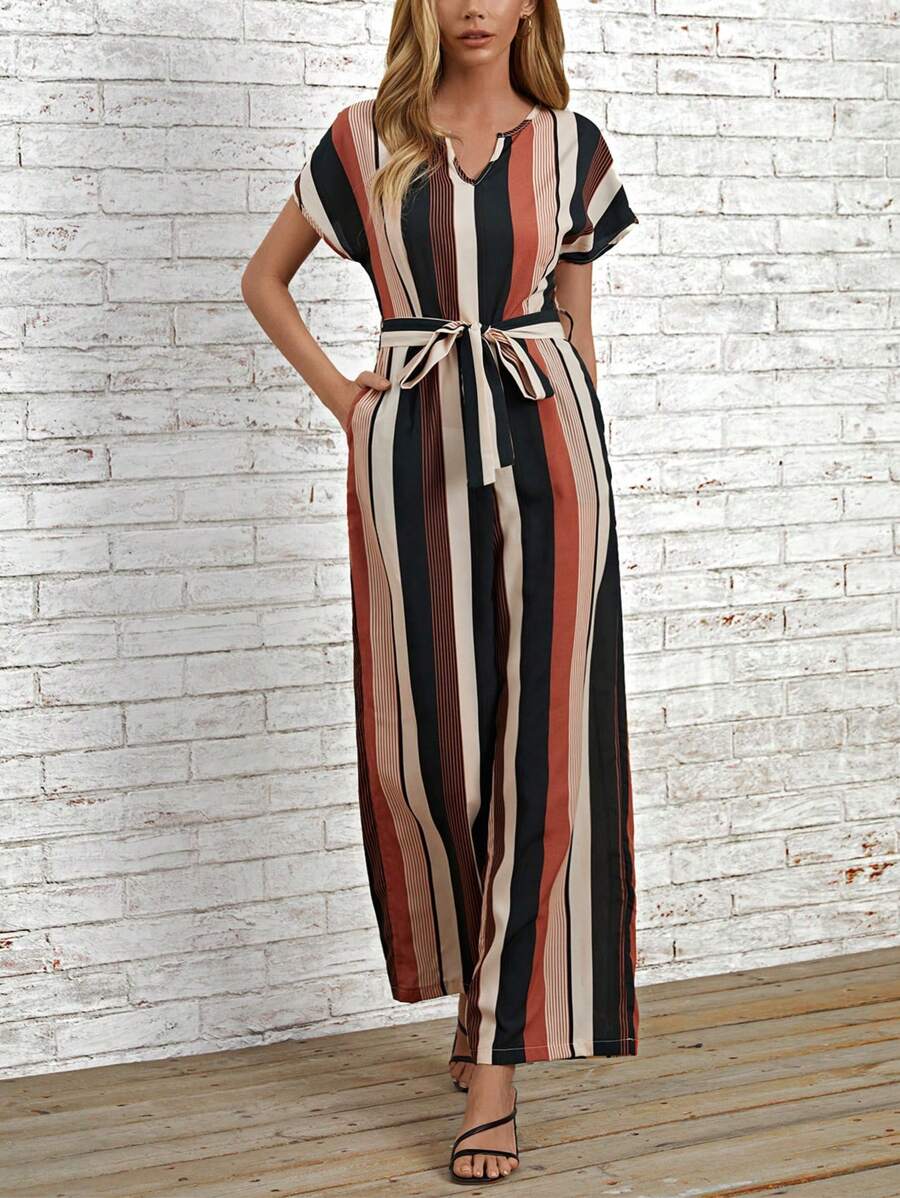 SHEIN LUNE In sọc Thắt lưng Áo liền quần ống rộng - Nhiều màu - Xem 1