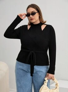 SHEIN Essnce Cộng với áo thun có thắt lưng cắt ra - màu đen - Xem 4